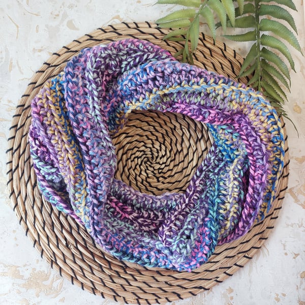  Crochet Infinity Scarf Wrap Cowl 'Rainbow Sherbet'