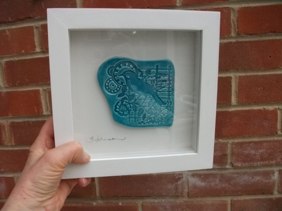 SALE - Turquoise ceramic bird plaque picture
