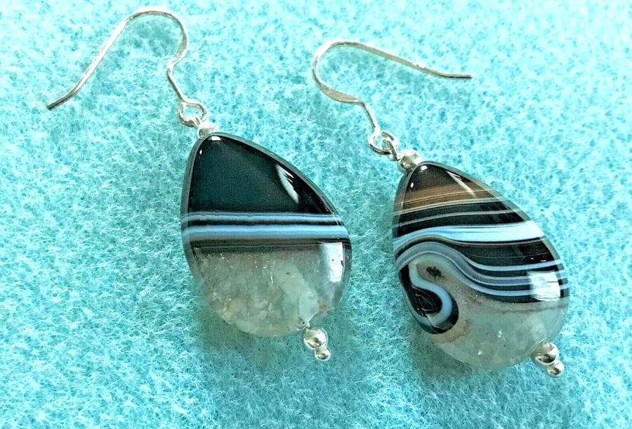 Agate & Quartz Dangle Earrings (Black & White)