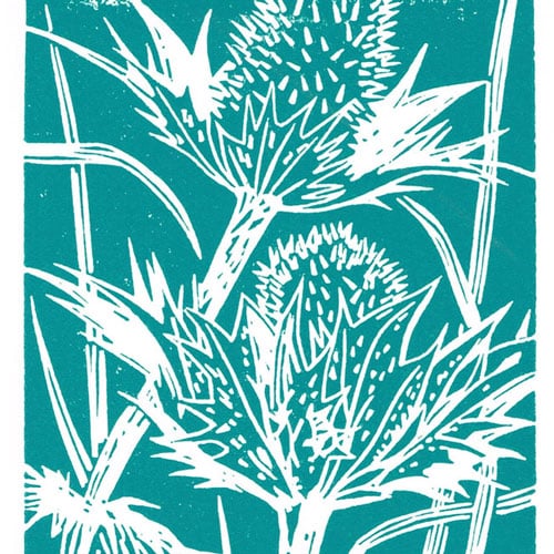 Eryngium dark cyan - Hand cut Linocut Print