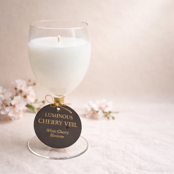 White Cherry Blossom Candle in Wine Glass Hand-poured LUMINOUS