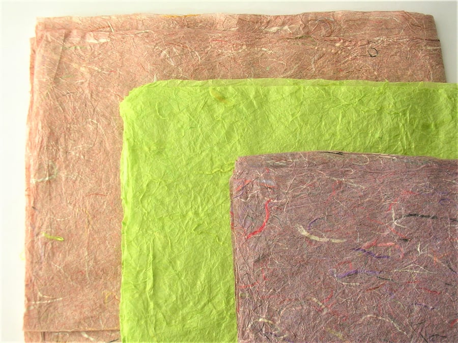 Textured, natural, handmade mulberry fibres paper, rough deckled edge, 3 sheets