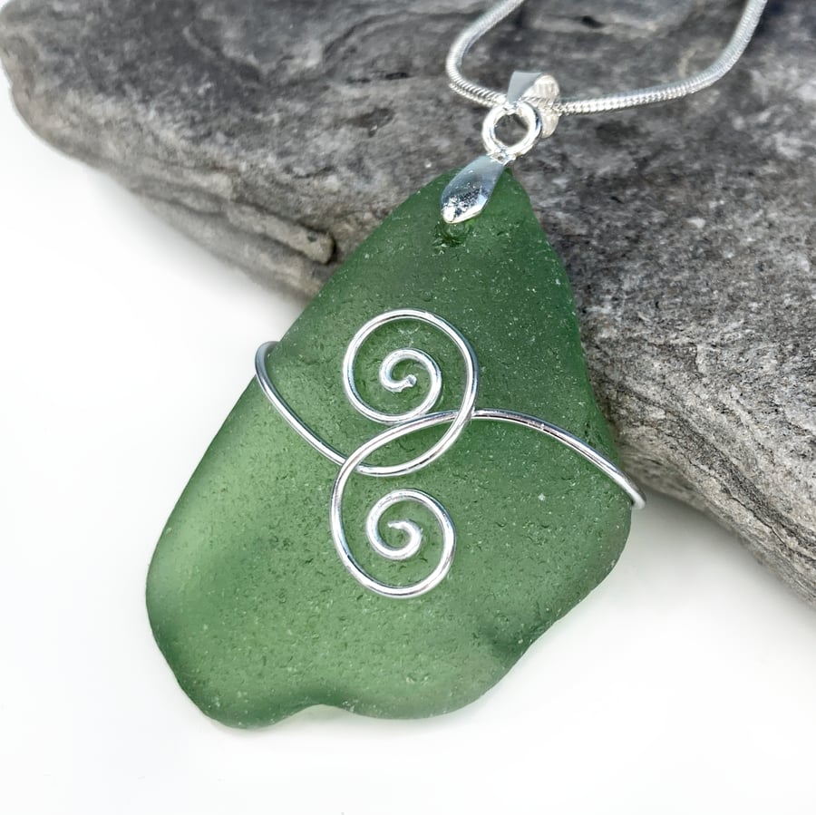 Sea Glass Pendant - Green - Scottish Silver Celtic Necklace Beach Jewellery