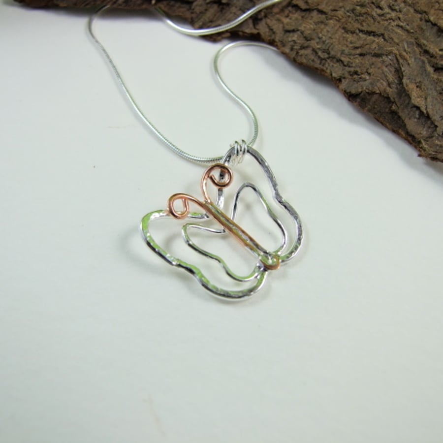 Butterfly Necklace, Sterling Silver with Copper Accents Pendant