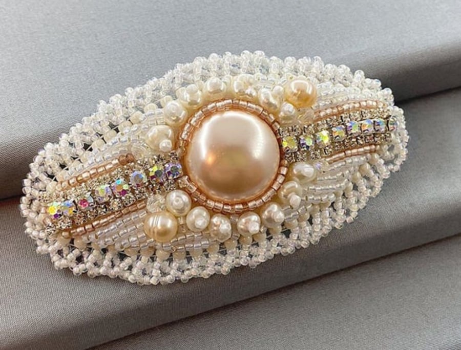 Bridal Peach Pearl Beaded Vintage Style Hair Barrette Clip