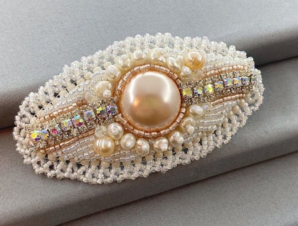 Bridal Peach Pearl Beaded Vintage Style Hair Barrette Clip