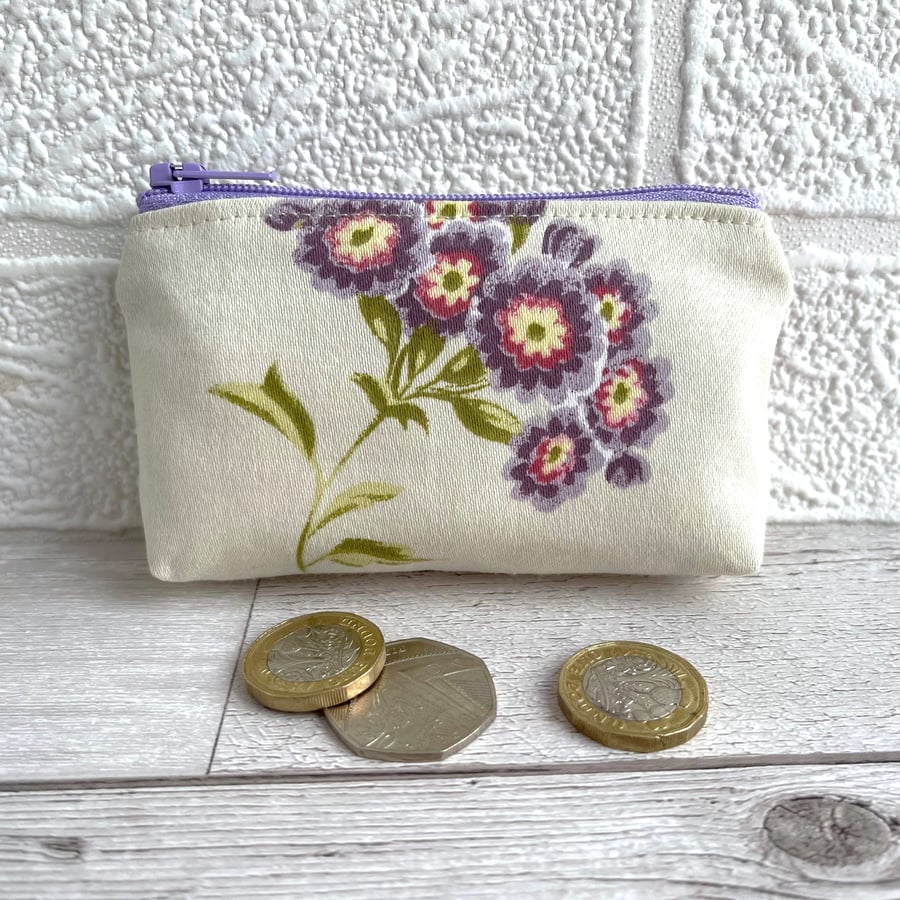 Small Purse, Coin Purse with Lilac Auriculas