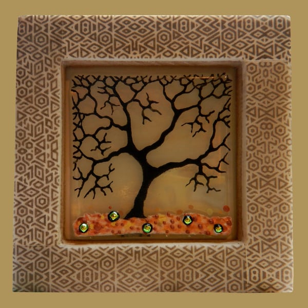 Handmade Fused Glass 'Winter Tree' framed picture.