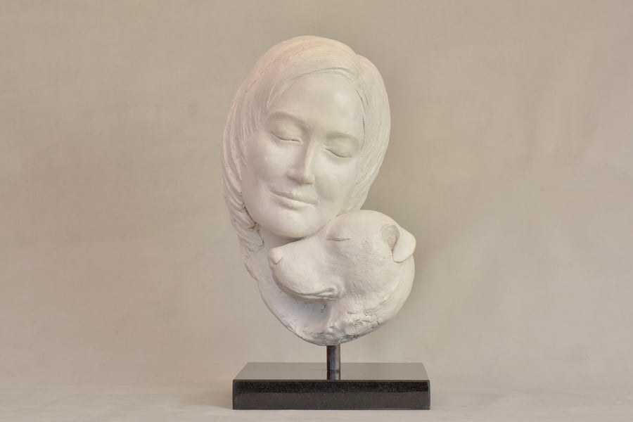 Portrait of a Dog Resting Its Head on a Woman Statue Marble Resin Sculpture