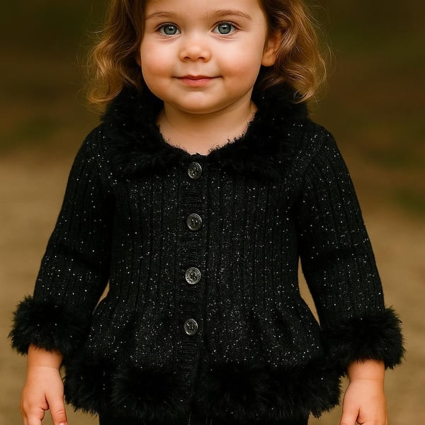 Hand-Knitted Sparkly Black Peplum Cardigan for Girls, Fluffy Trim, Winter Outfit