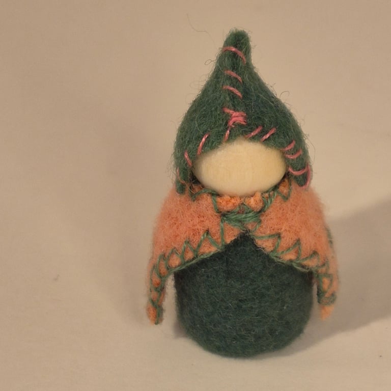 Tiny wood & felt gnome with hand embroidered details