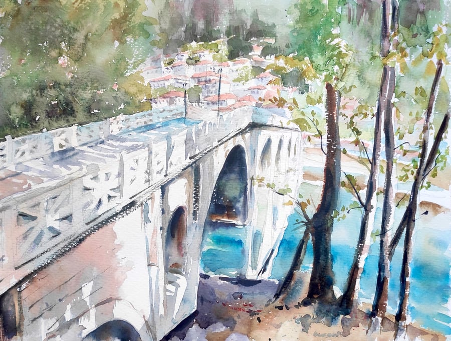 Gorica Bridge, Albanian cityscape, Watercolour painting, original wall art