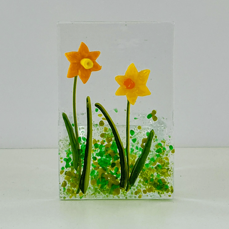 Fused glass tealight candle holder panel, daffodils