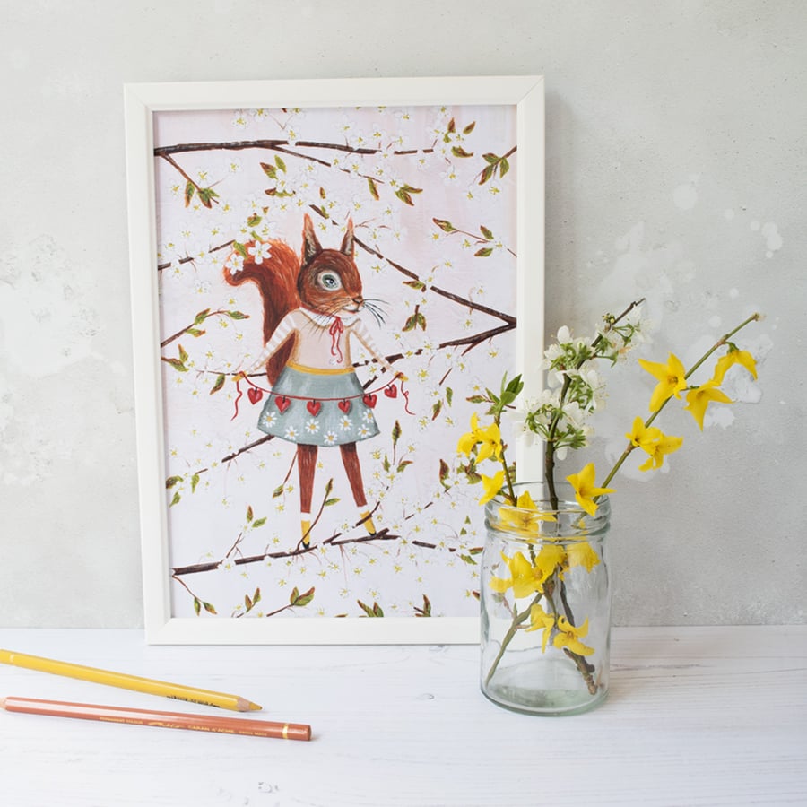Illustration print of Eloise the red squirrel at spring time. Unframed A4 print.