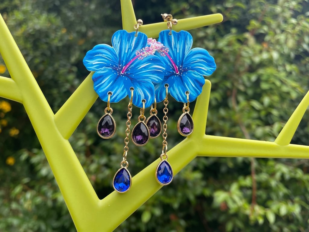 HAWAIIAN HIBISCUS earrings crystal blue purple gold tone festival resin