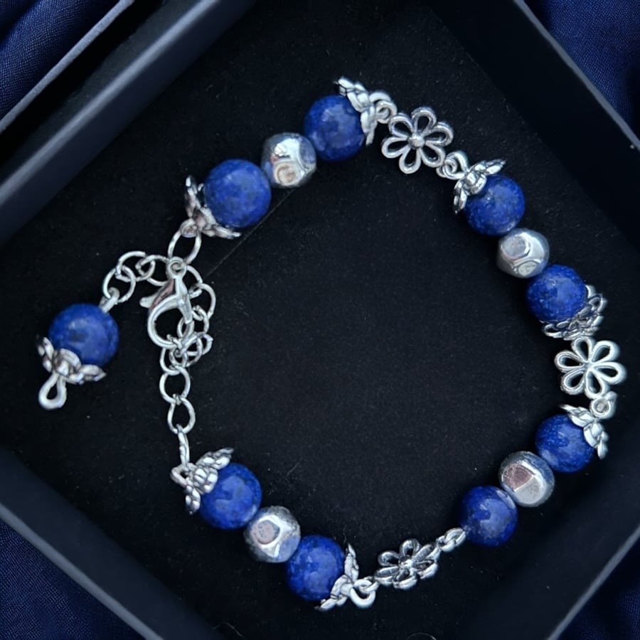 Silver Bracelet featuring vibrant Lapis Lazuli - 7” (with 1.5” extension) 