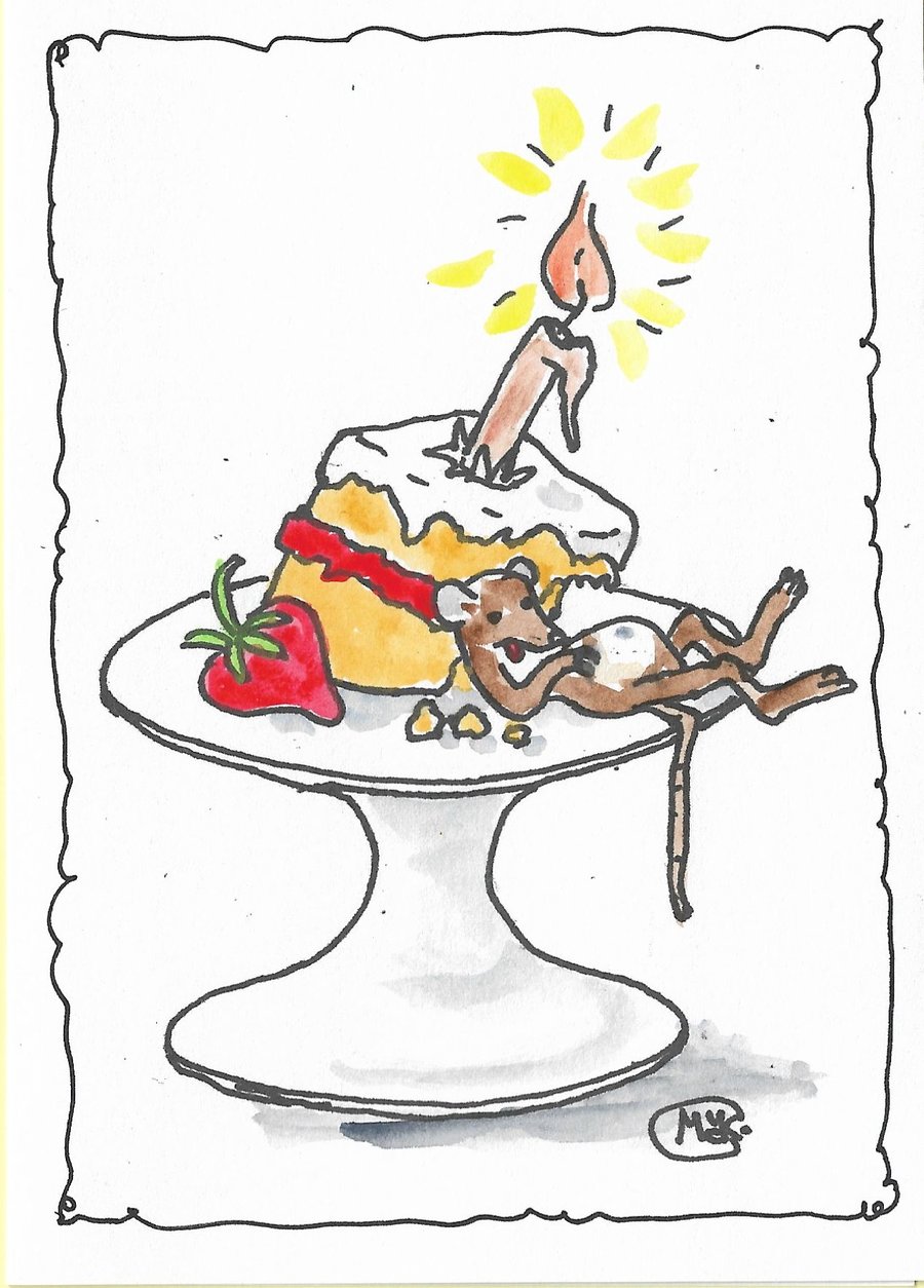 Cute Birthday Cake and Mouse. Blank inside. Print of original Painting
