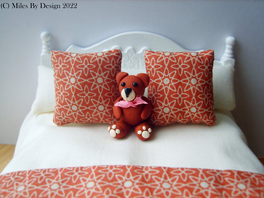 1:12 Scale Cream & Rust Dolls House Bedding Set with Polymer Clay Teddy Bear