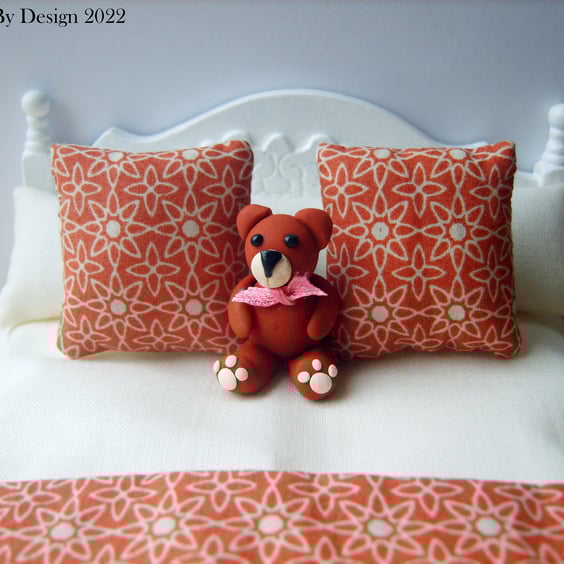 1:12 Scale Cream & Rust Dolls House Bedding Set with Polymer Clay Teddy Bear