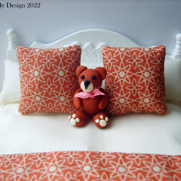 1:12 Scale Cream & Rust Dolls House Bedding Set with Polymer Clay Teddy Bear