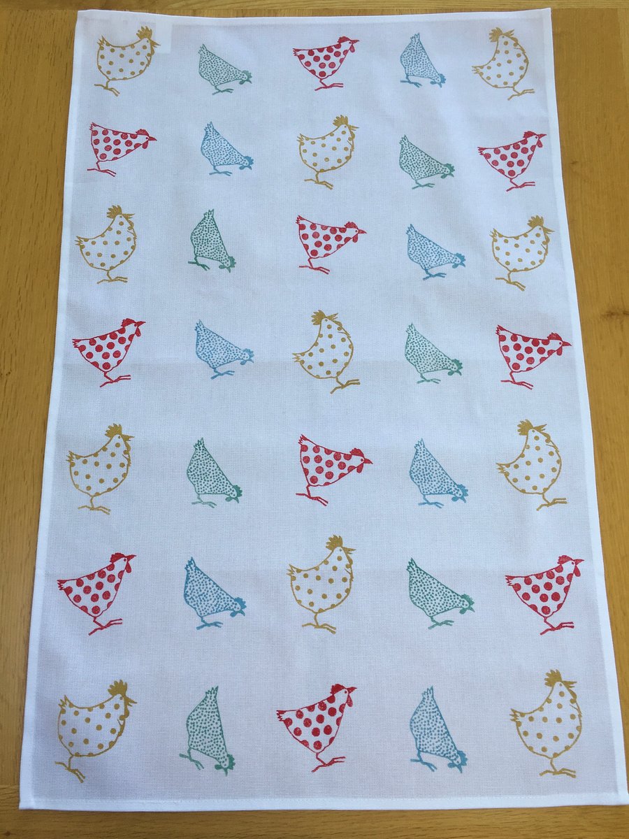 Hand Block Printed Tea Towel - Chickens