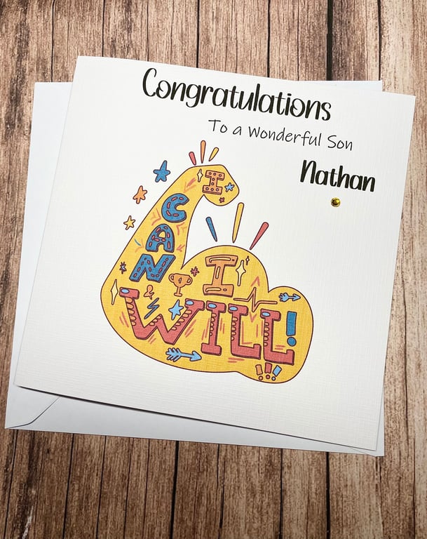 Congratulations Personalised Card for Him for Male I Can I Will Well Done Trophy