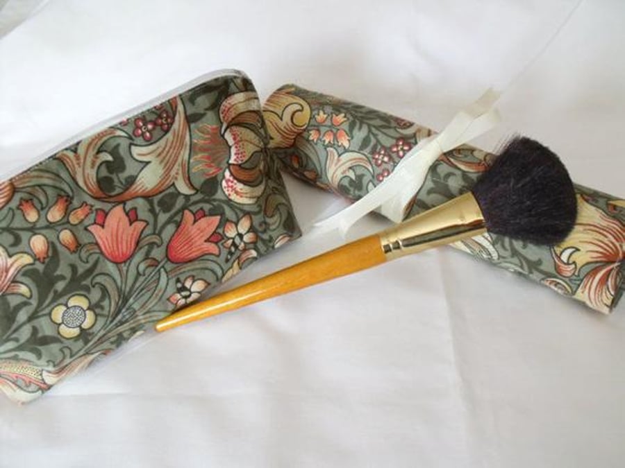 william morris floral make up gift set, toiletry bag and make up brush holder