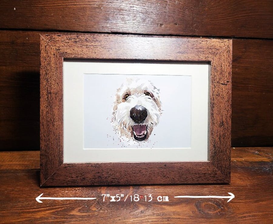 Goldendoodle " Watercolour Miniature Framed Print,(7"5"1813cm) Goldendoodle art 