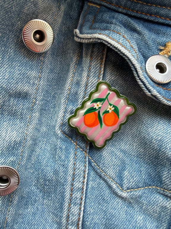 Orange Blossom Pink Postage Stamp Polymer Clay Pin Badge