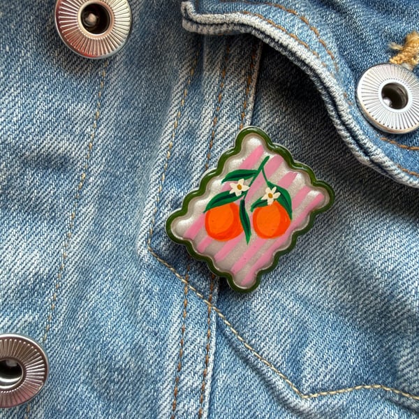 Orange Blossom Pink Postage Stamp Polymer Clay Pin Badge