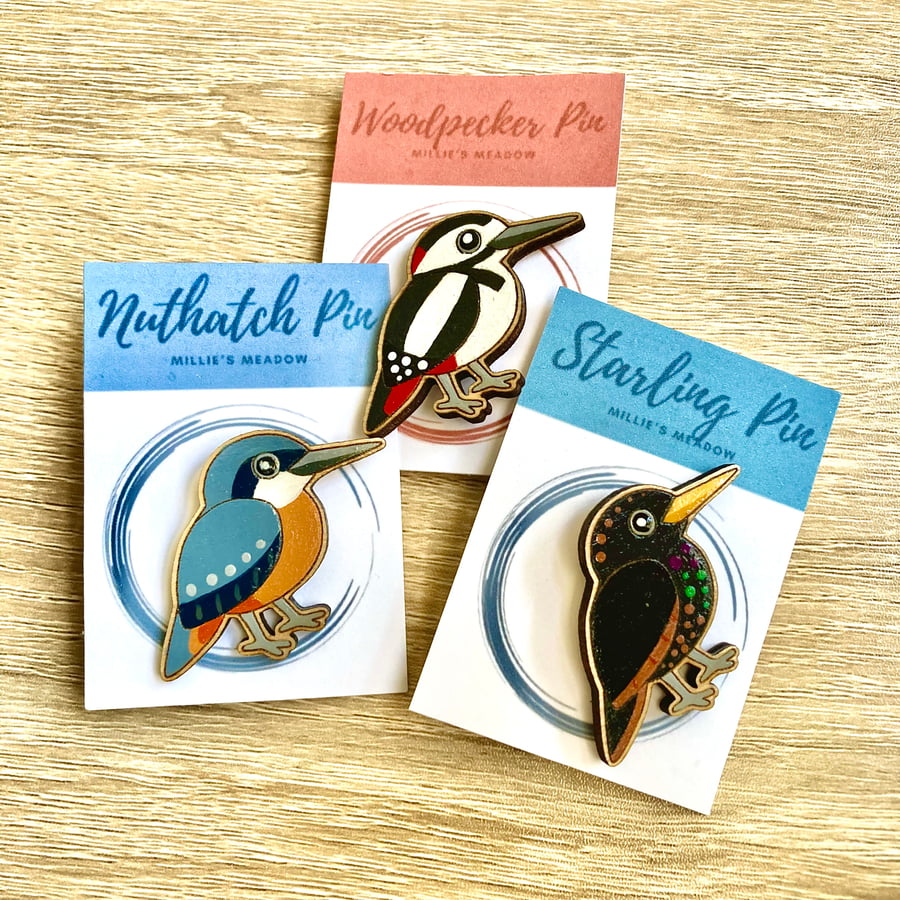 Nuthatch,Woodpecker and Starling pin badges set of 3