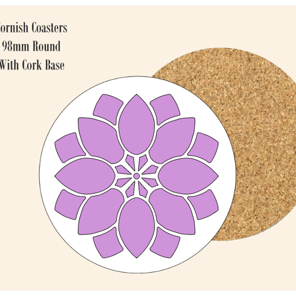 Purple Abstract Flower  Coaster 9.8cm Round With Cork Base.- Design 3