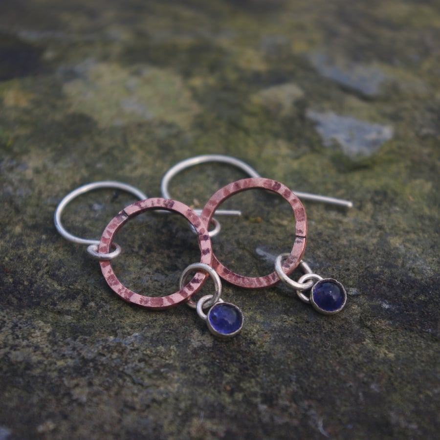 Textured Copper Circle  Earrings with Iolite Drop