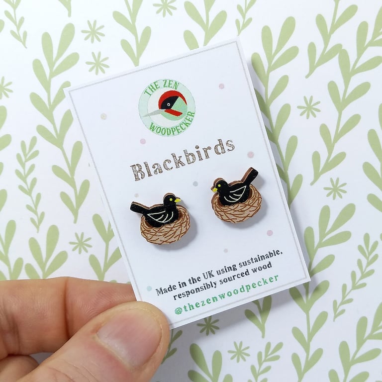 Blackbird Stud Earrings, Bird Earrings, Silver Plated or Sterling Silver Backs