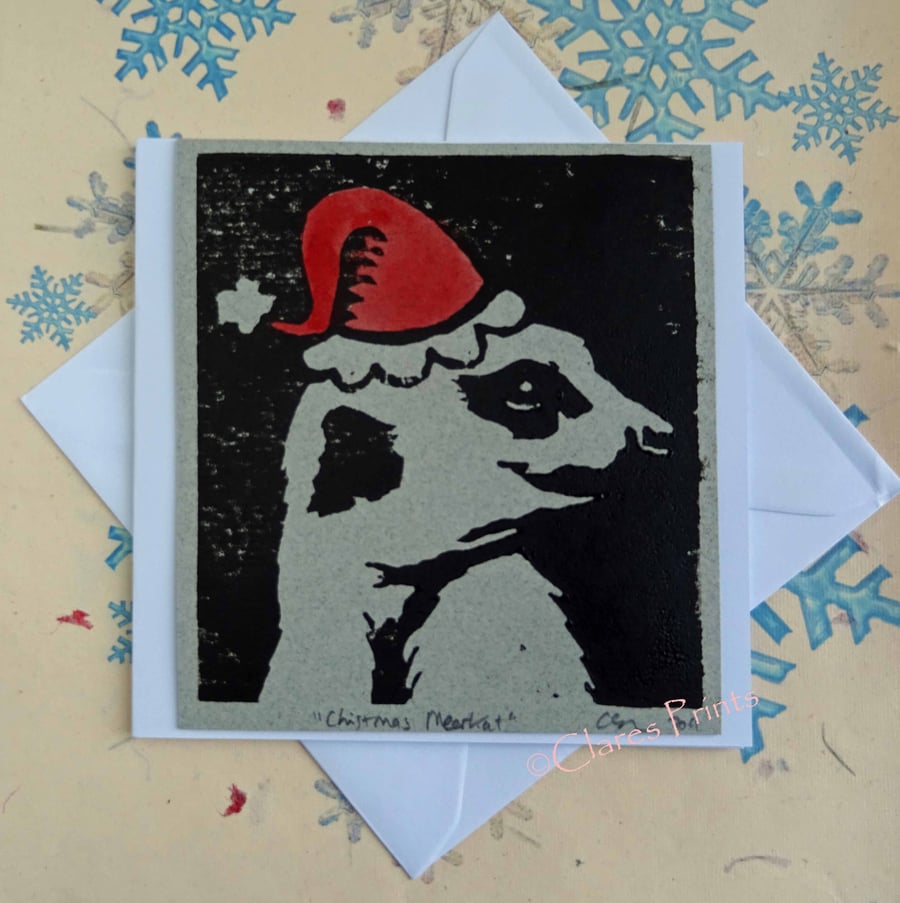  Christmas Meerkat Art Lino Print Greeting Card Meercat