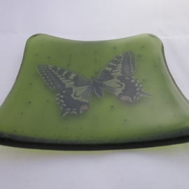 Handmade  fused glass trinket bowl or soap dish - butterfly on bottle green