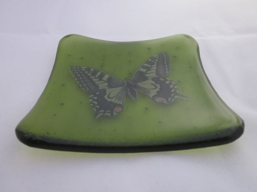 Handmade  fused glass trinket bowl or soap dish - butterfly on bottle green
