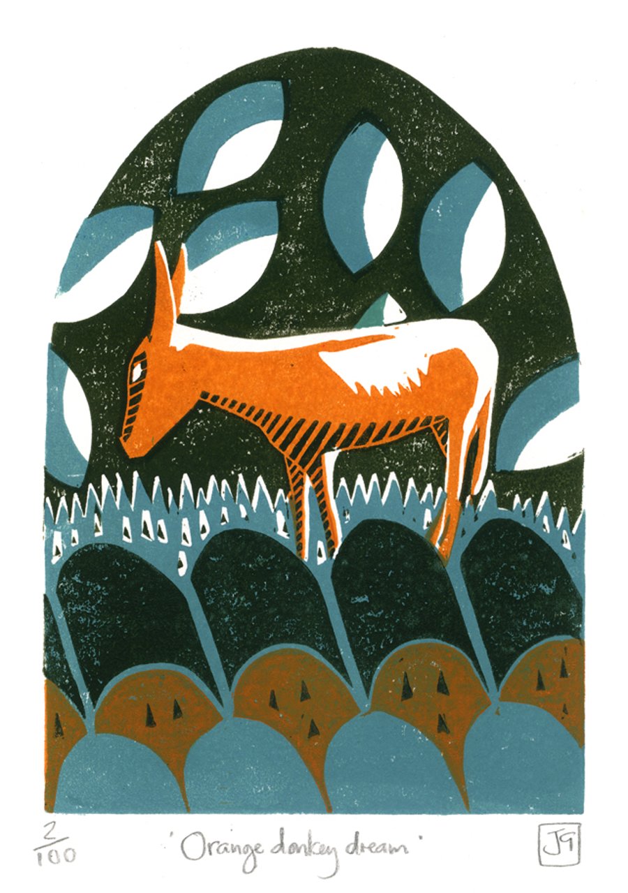 Orange Donkey Dream three-colour linocut print