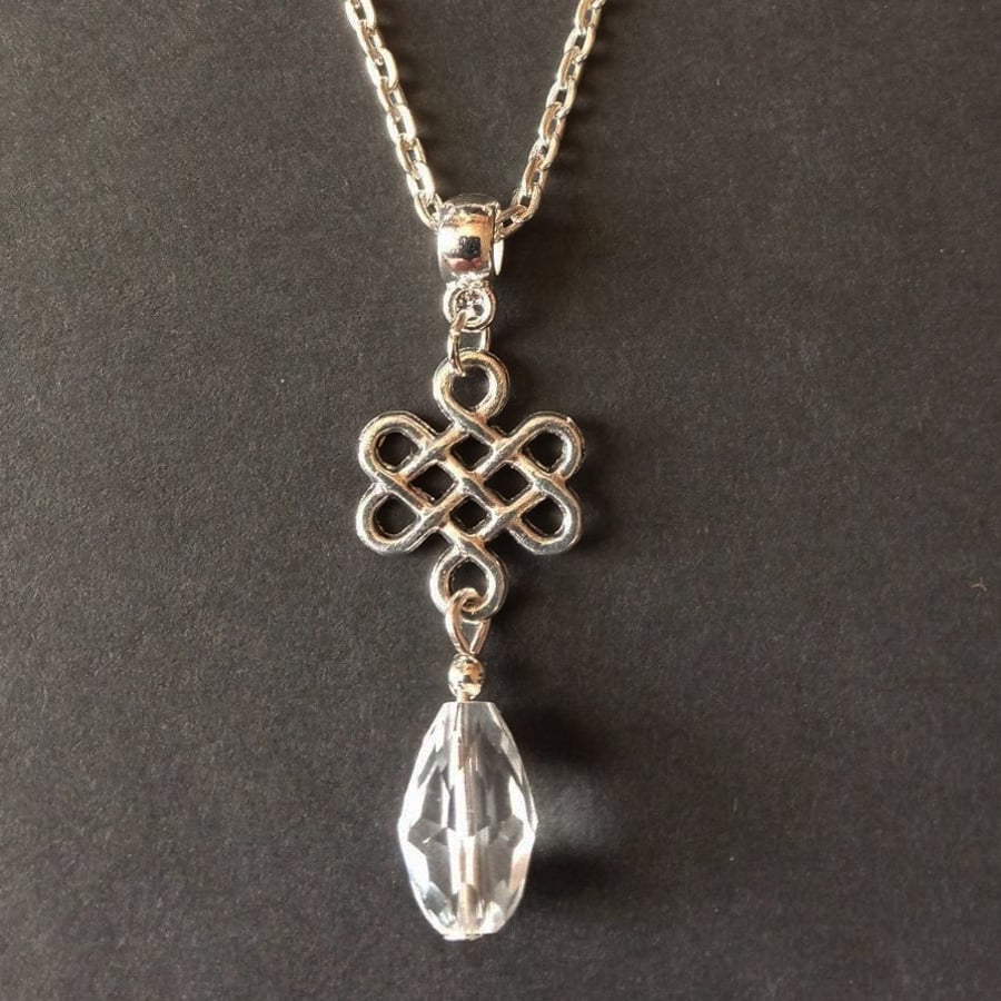 Celtic Knot Clear Crystal Silver Plate Teardrop Necklace