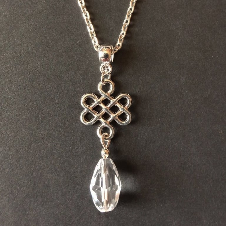 Celtic Knot Clear Crystal Silver Plate Teardrop Necklace