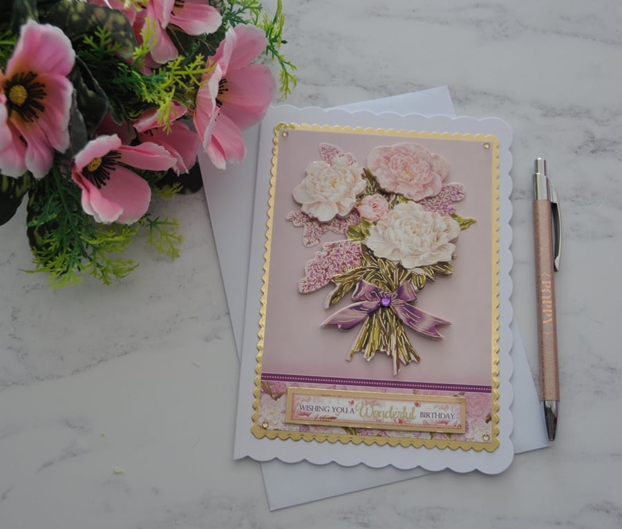 Birthday Card Flower Bouquet Wishing You a Wonderful Birthday 3D Luxury Handmade