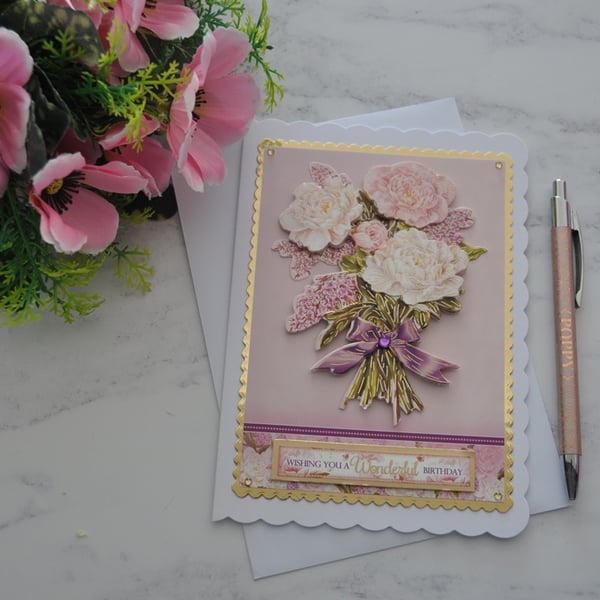 Birthday Card Flower Bouquet Wishing You a Wonderful Birthday 3D Luxury Handmade