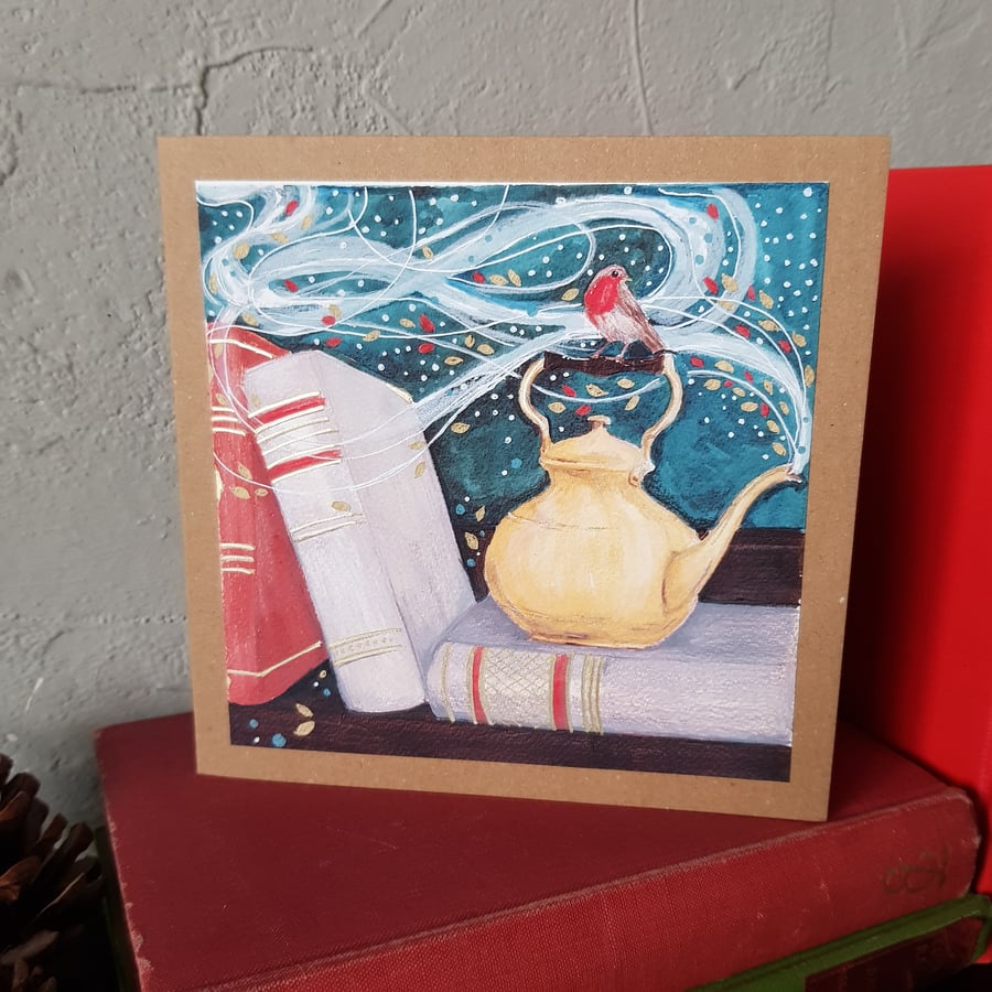 Robin and books - 6inch blank card