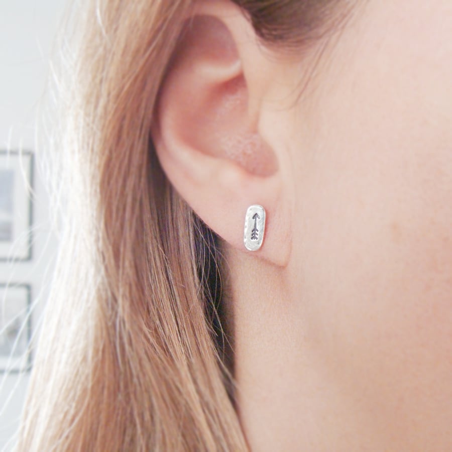 Sterling Silver Single Arrow Stud Earrings - Hand Stamped Symbol Jewellery
