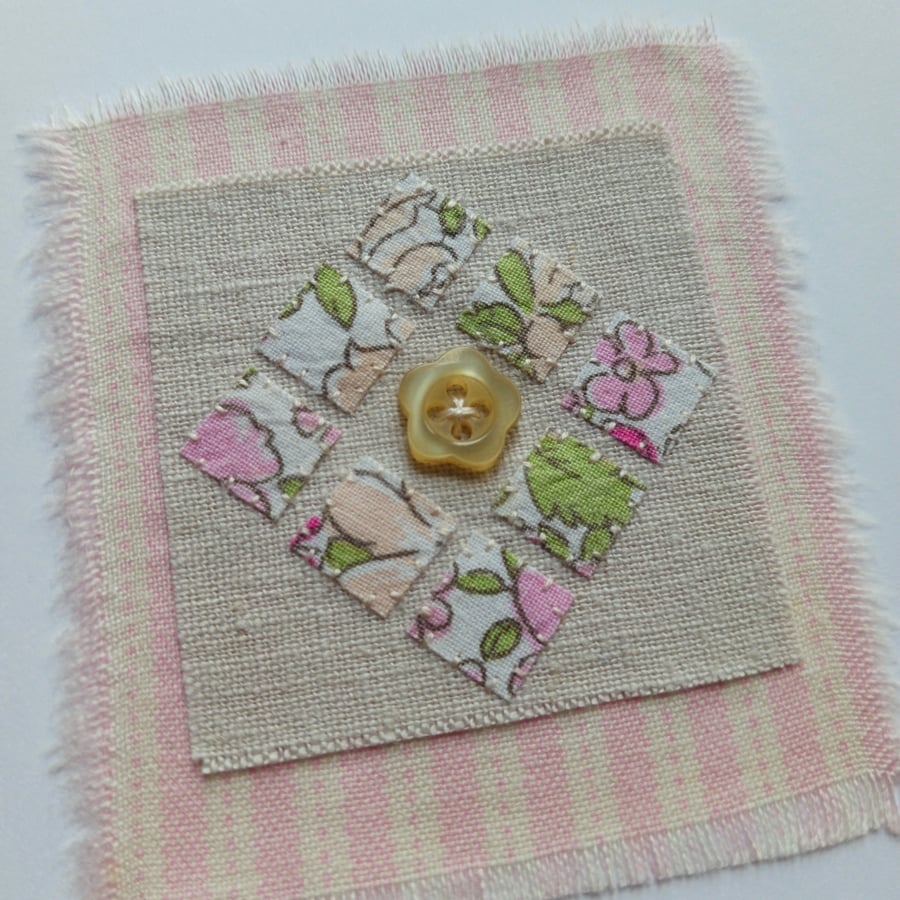 Vintage French Fabric Hand Stitched Card with button