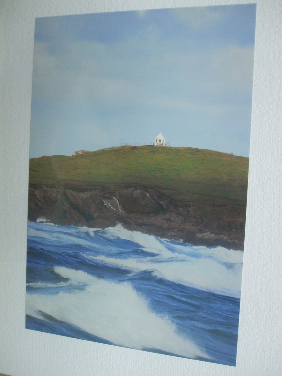 Photographic greetings card of the Huer's Hut & rough sea at Newquay, Cornwall. 