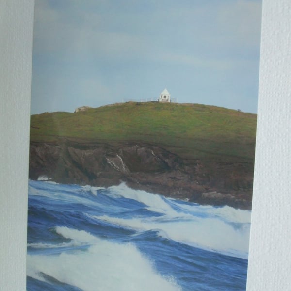 Photographic greetings card of the Huer's Hut & rough sea at Newquay, Cornwall. 
