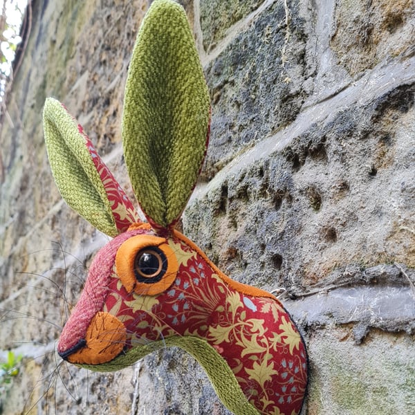 Faux hare head wall mount in May  Morris fabric
