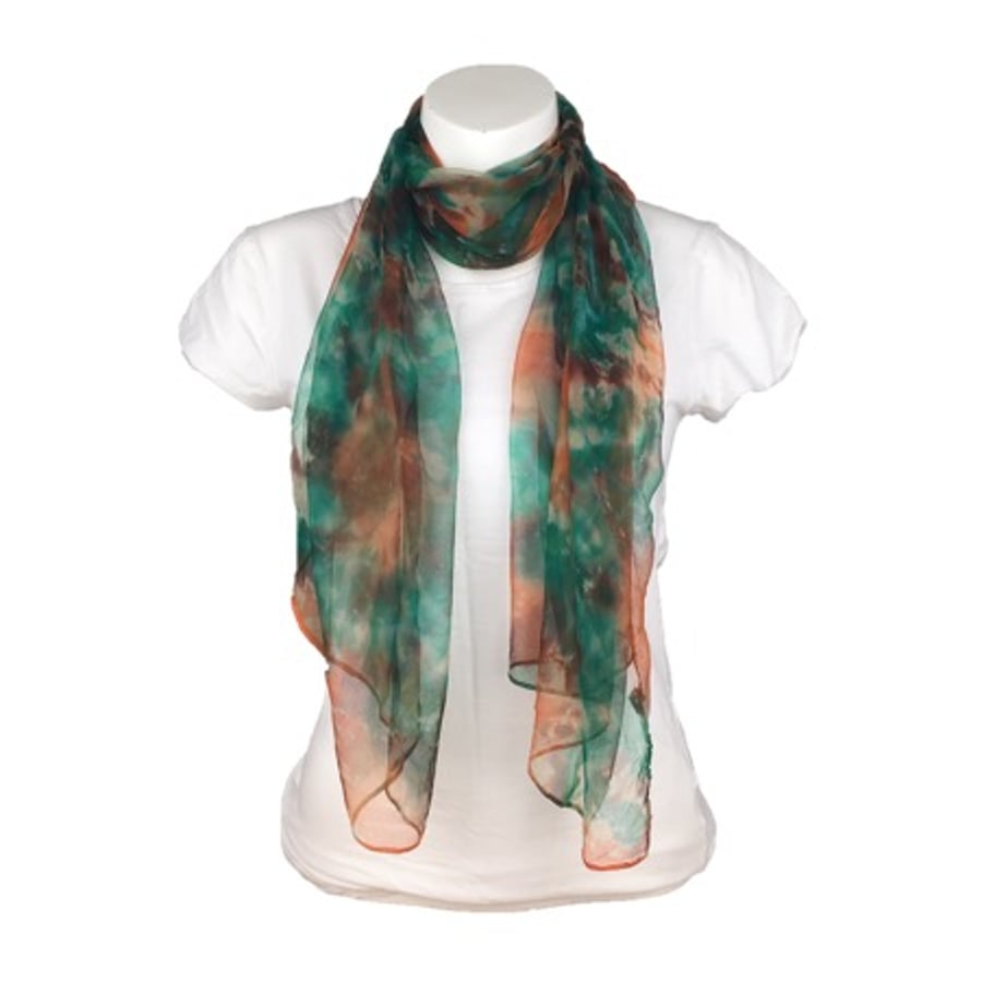 Silk scarf, hand dyed in green, orange and brown - SALE ITEM