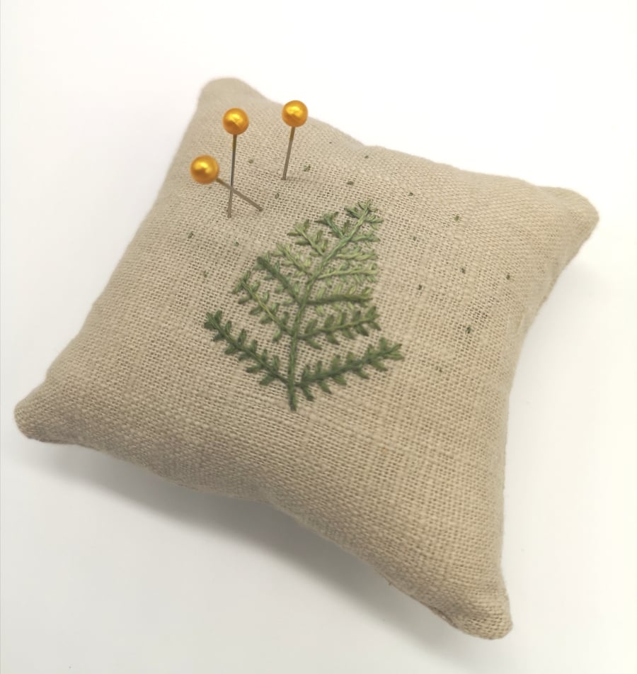 Handmade Pin Cushion with Hand Embroidered Fern